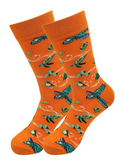 Orange crew socks showcasing an all-over design of sea turtles, fish, and bubbles.